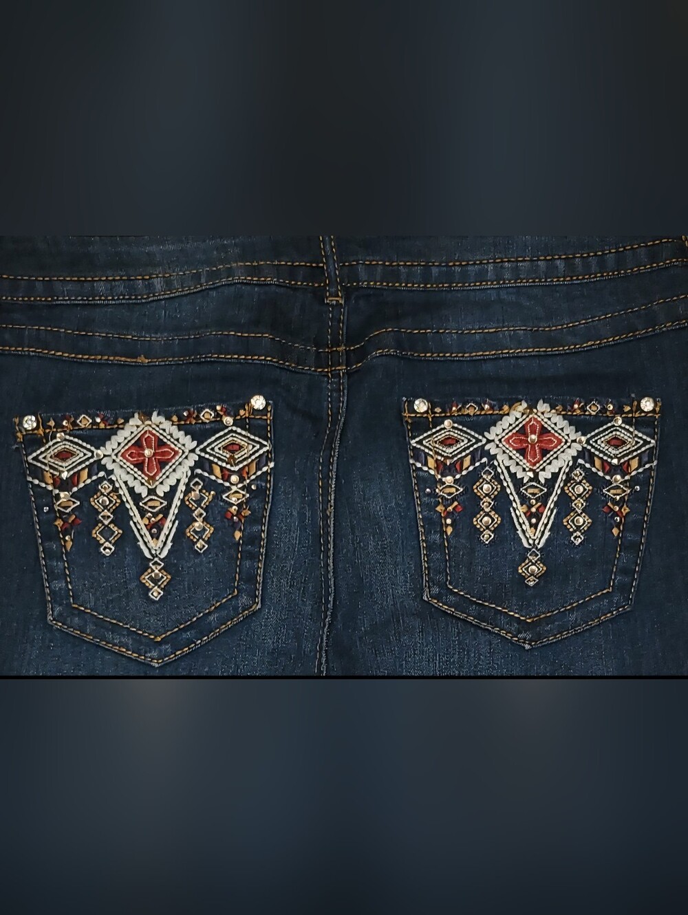 Y2K Embellished Capri Jeans Womens 14 Dark Rhinestone Western Boho Stretch Denim